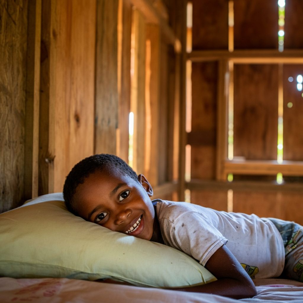 Smiling boy lying on pillow inside wooden home.