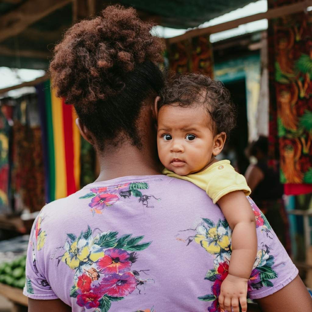 Mother carrying baby on her back, both looking at camera.