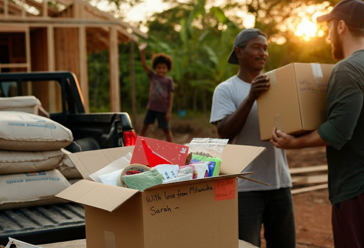 Volunteers carrying boxes with supplies at construction site.