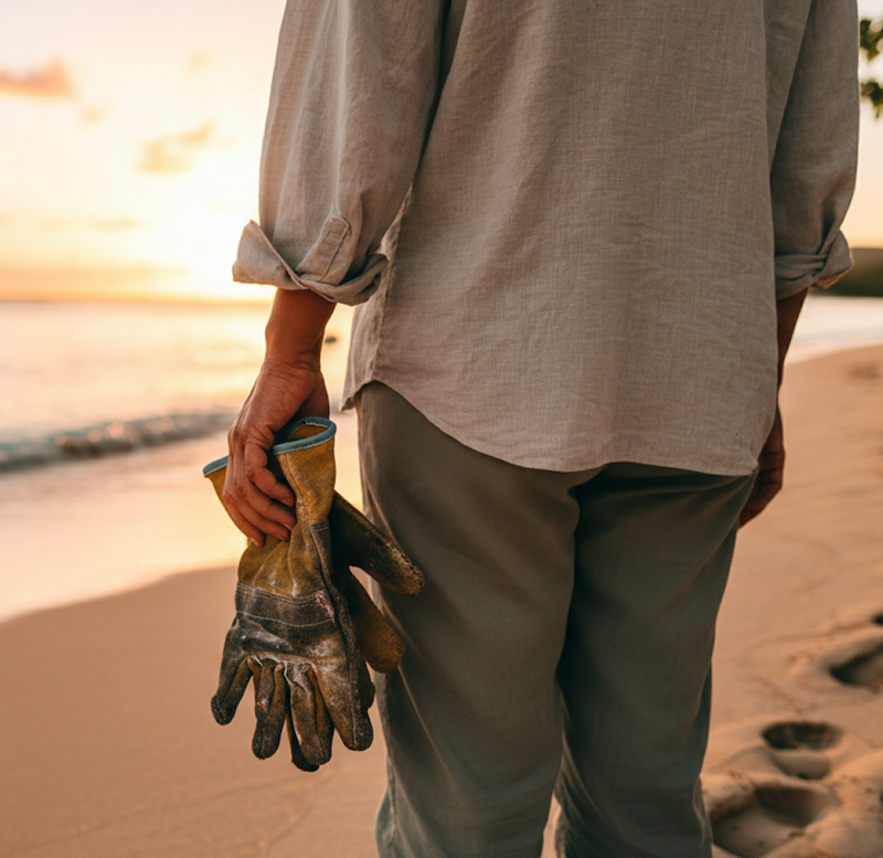 Man holding work gloves while standing on the beach at sunset.
